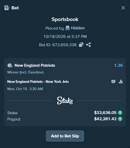 Bet slip: New England Patriots - New York Jets, $33,669.68 stake at 1.26 odds, placed by Hidden