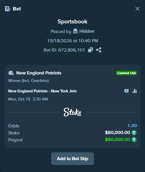 Bet slip: New England Patriots - New York Jets, $80,080.00 stake at 1.26 odds, placed by Hidden