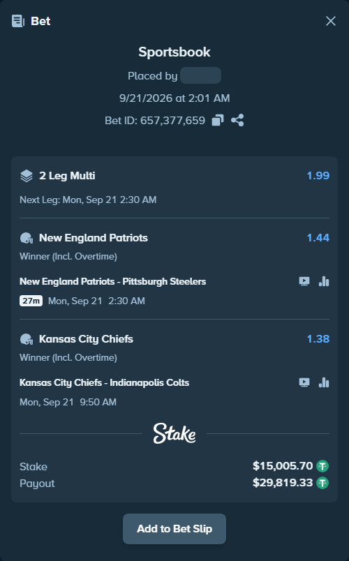 Bet slip: New England Patriots - Pittsburgh Steelers, $15,005.70 stake at 1.44 odds, placed by dc913