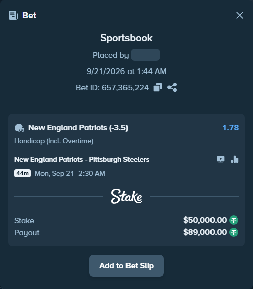 Bet slip: New England Patriots - Pittsburgh Steelers, $50,000.00 stake at 1.78 odds, placed by dvento