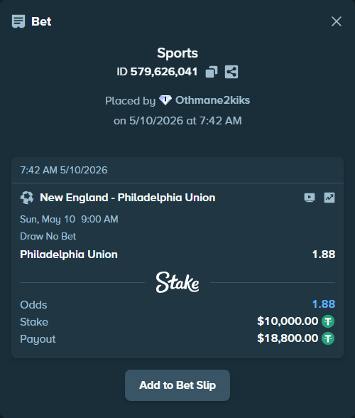 Bet slip: New England - Philadelphia Union, $10,000.00 stake at 1.88 odds, placed by Othmane2kiks