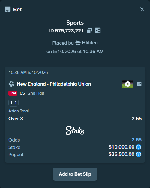 Bet slip: New England - Philadelphia Union, $10,000.00 stake at 2.65 odds, placed by Hidden