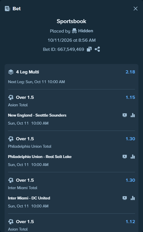 Bet slip: New England - Seattle Sounders, $11,932.92 stake at 1.15 odds, placed by Hidden
