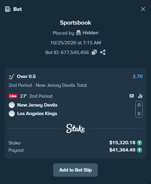 Bet slip: New Jersey Devils - Los Angeles Kings, $15,335.50 stake at 2.70 odds, placed by Hidden