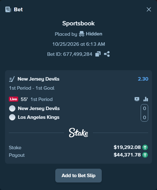 Bet slip: New Jersey Devils - Los Angeles Kings, $19,311.37 stake at 2.30 odds, placed by Hidden