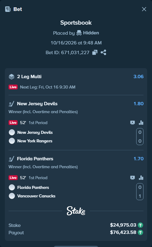 Bet slip: New Jersey Devils - New York Rangers, $25,000.00 stake at 1.80 odds, placed by Hidden