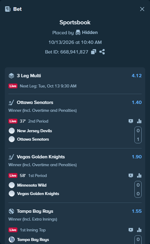 Bet slip: New Jersey Devils - Ottawa Senators, $50,000.00 stake at 1.40 odds, placed by Hidden