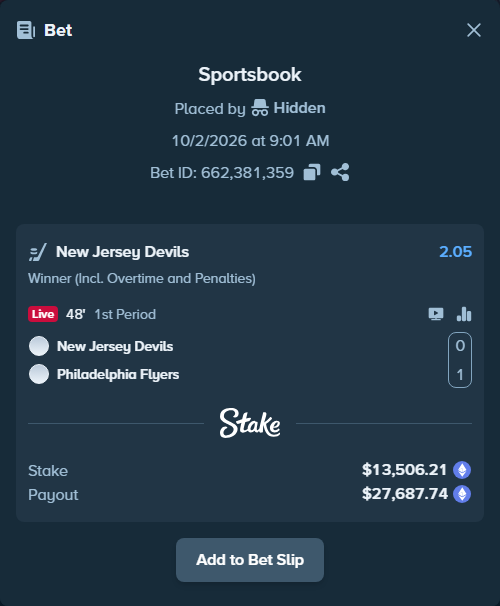 Bet slip: New Jersey Devils - Philadelphia Flyers, $13,648.75 stake at 2.05 odds, placed by Hidden