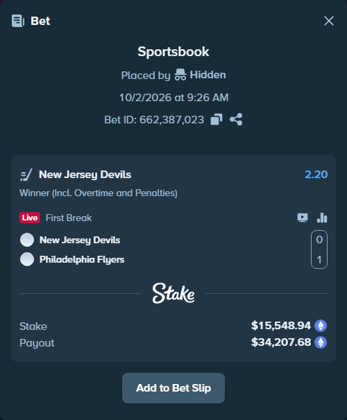 Bet slip: New Jersey Devils - Philadelphia Flyers, $15,696.06 stake at 2.20 odds, placed by Hidden