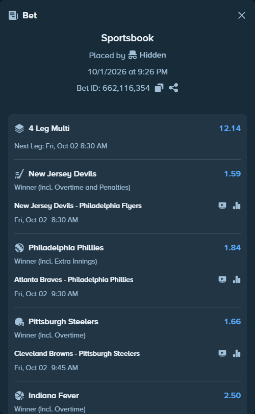 Bet slip: New Jersey Devils - Philadelphia Flyers, $34,519.13 stake at 1.59 odds, placed by gemcabal