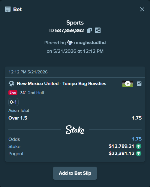 Bet slip: New Mexico United - Tampa Bay Rowdies, $12,802.00 stake at 1.75 odds, placed by rmaghsdudthd