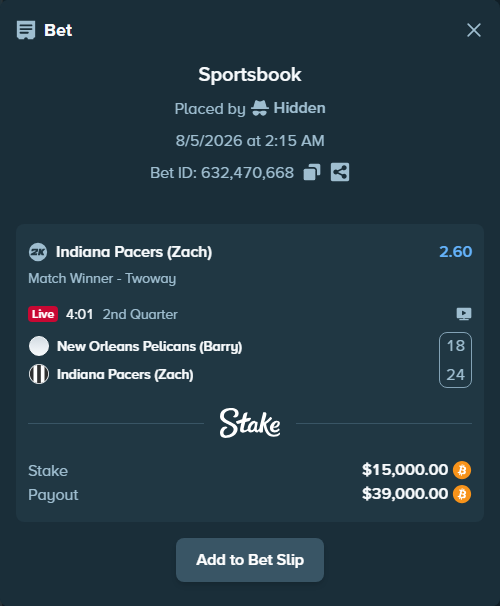Bet slip: New Orleans Pelicans (Barry) - Indiana Pacers (Zach), $15,071.11 stake at 2.60 odds, placed by Hidden