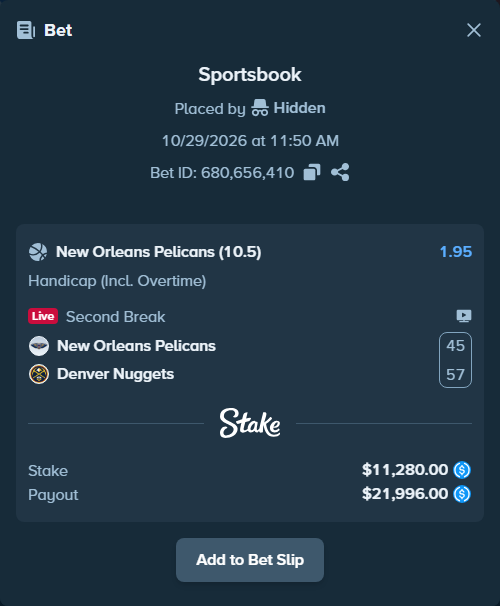 Bet slip: New Orleans Pelicans - Denver Nuggets, $11,280.00 stake at 1.95 odds, placed by Hidden