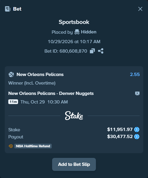 Bet slip: New Orleans Pelicans - Denver Nuggets, $11,951.97 stake at 2.55 odds, placed by AndruhaFis