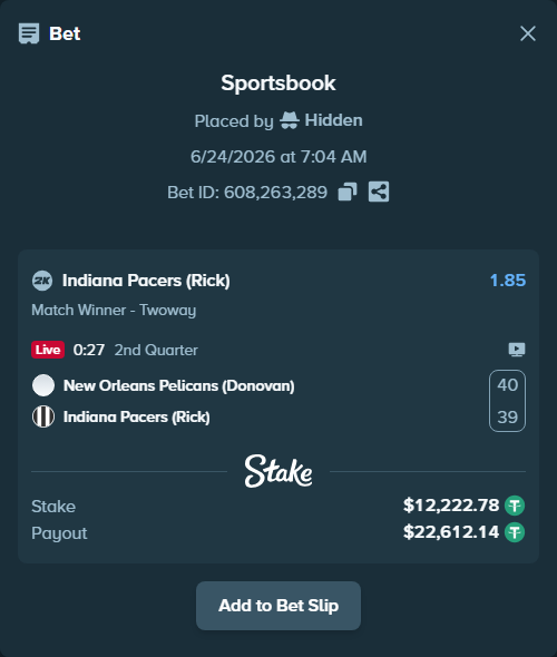 Bet slip: New Orleans Pelicans (Donovan) - Indiana Pacers (Rick), $12,235.00 stake at 1.85 odds, placed by Hidden
