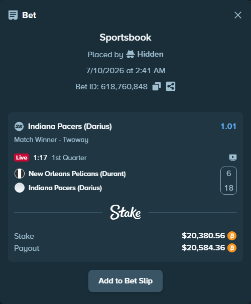 Bet slip: New Orleans Pelicans (Durant) - Indiana Pacers (Darius), $20,922.90 stake at 1.01 odds, placed by Hidden