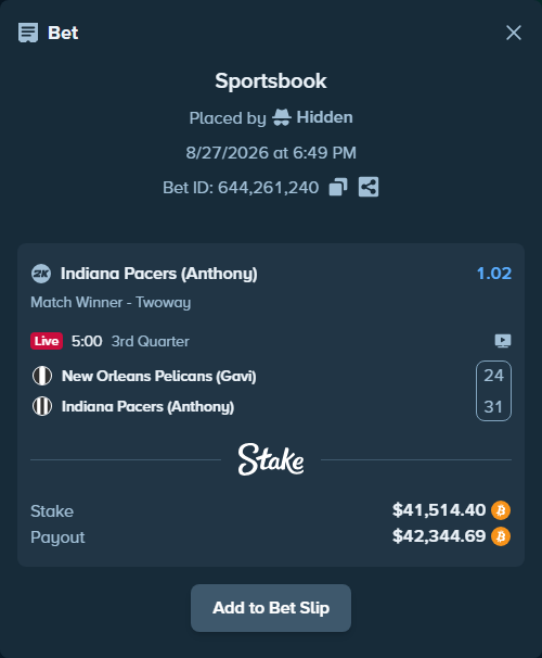 Bet slip: New Orleans Pelicans (Gavi) - Indiana Pacers (Anthony), $41,832.57 stake at 1.02 odds, placed by Hidden