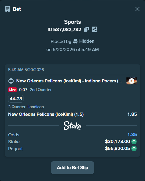 Bet slip: New Orleans Pelicans (IceKimi) - Indiana Pacers (Clyde), $30,203.17 stake at 1.85 odds, placed by Hidden
