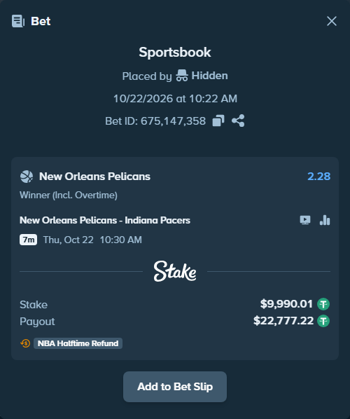 Bet slip: New Orleans Pelicans - Indiana Pacers, $10,000.00 stake at 2.28 odds, placed by carissagu2