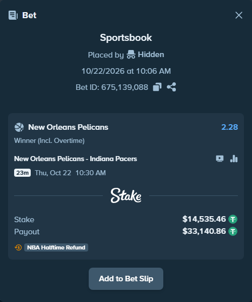 Bet slip: New Orleans Pelicans - Indiana Pacers, $14,550.00 stake at 2.28 odds, placed by unhingedking