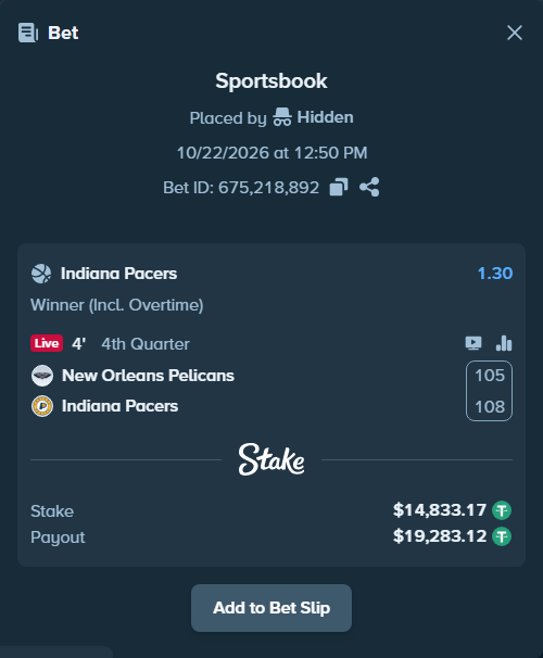 Bet slip: New Orleans Pelicans - Indiana Pacers, $14,848.00 stake at 1.30 odds, placed by Hanselwilliam1
