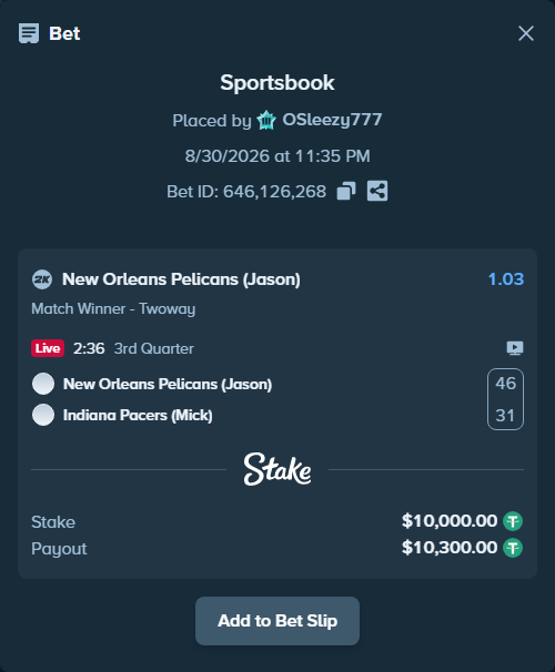 Bet slip: New Orleans Pelicans (Jason) - Indiana Pacers (Mick), $10,000.00 stake at 1.03 odds, placed by OSleezy777