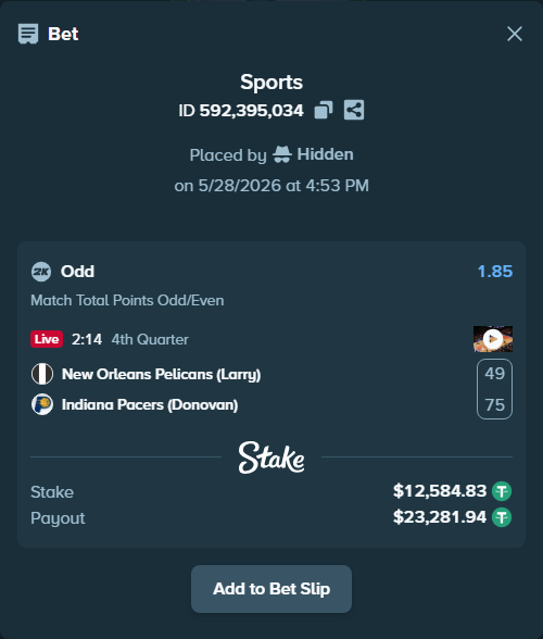 Bet slip: New Orleans Pelicans (Larry) - Indiana Pacers (Donovan), $12,610.00 stake at 1.85 odds, placed by Hidden