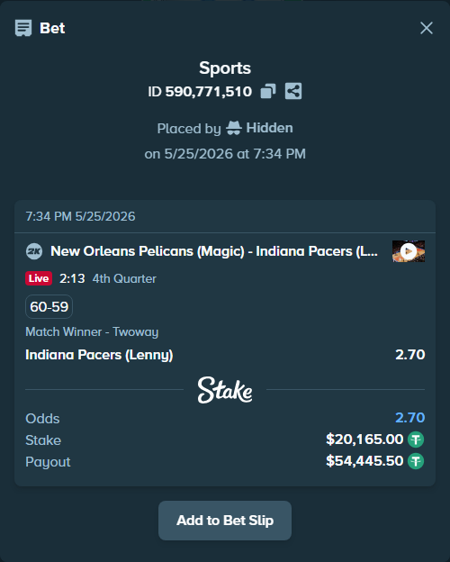 Bet slip: New Orleans Pelicans (Magic) - Indiana Pacers (Lenny), $20,185.16 stake at 2.70 odds, placed by Hidden