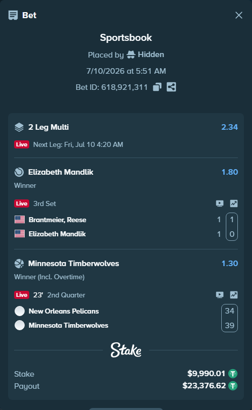 Bet slip: New Orleans Pelicans - Minnesota Timberwolves, $10,000.00 stake at 1.30 odds, placed by Hidden