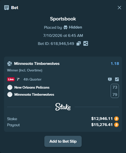 Bet slip: New Orleans Pelicans - Minnesota Timberwolves, $13,165.71 stake at 1.18 odds, placed by Hidden