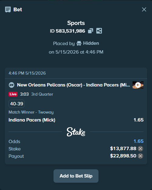 Bet slip: New Orleans Pelicans (Oscar) - Indiana Pacers (Mick), $10,873.25 stake at 1.65 odds, placed by Hidden