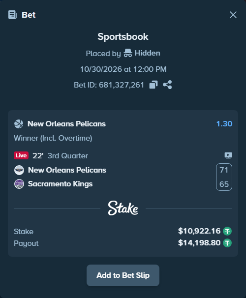 Bet slip: New Orleans Pelicans - Sacramento Kings, $10,944.00 stake at 1.30 odds, placed by vpbp1891
