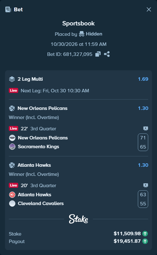 Bet slip: New Orleans Pelicans - Sacramento Kings, $11,533.00 stake at 1.30 odds, placed by Hidden