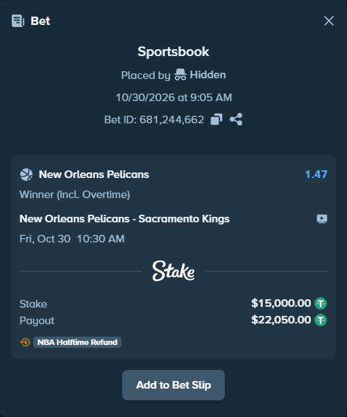 Bet slip: New Orleans Pelicans - Sacramento Kings, $15,030.00 stake at 1.47 odds, placed by erlendw00