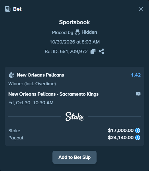 Bet slip: New Orleans Pelicans - Sacramento Kings, $17,000.00 stake at 1.42 odds, placed by clexnc