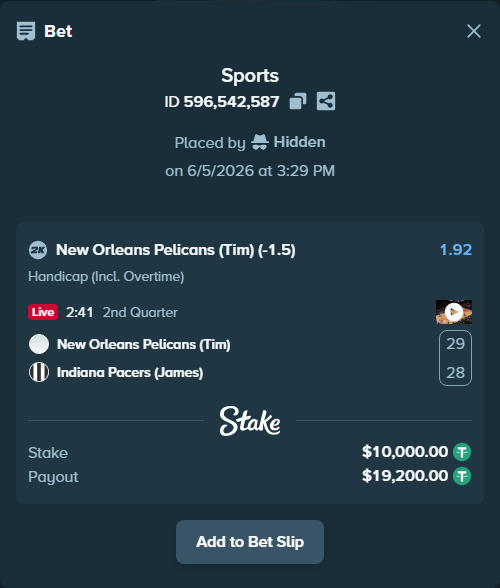 Bet slip: New Orleans Pelicans (Tim) - Indiana Pacers (James), $10,010.00 stake at 1.92 odds, placed by Hidden