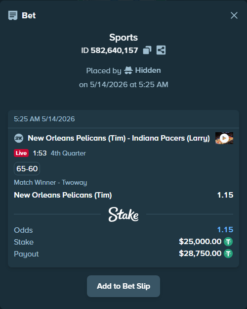 Bet slip: New Orleans Pelicans (Tim) - Indiana Pacers (Larry), $25,000.00 stake at 1.15 odds, placed by Hidden
