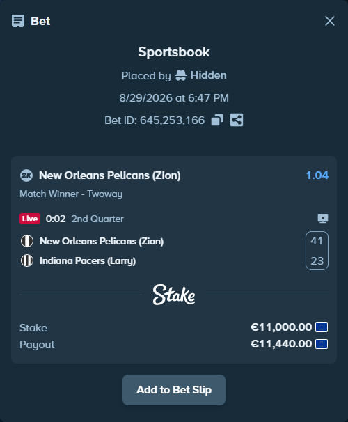 Bet slip: New Orleans Pelicans (Zion) - Indiana Pacers (Larry), $11,880.00 stake at 1.04 odds, placed by Hidden