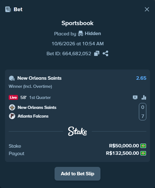 Bet slip: New Orleans Saints - Atlanta Falcons, $10,000.00 stake at 2.65 odds, placed by Hidden