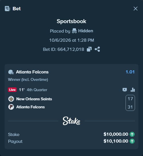 Bet slip: New Orleans Saints - Atlanta Falcons, $10,000.00 stake at 1.01 odds, placed by Hidden