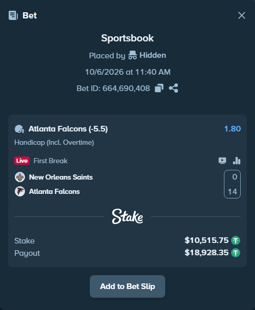 Bet slip: New Orleans Saints - Atlanta Falcons, $10,515.75 stake at 1.80 odds, placed by Lxrxmee
