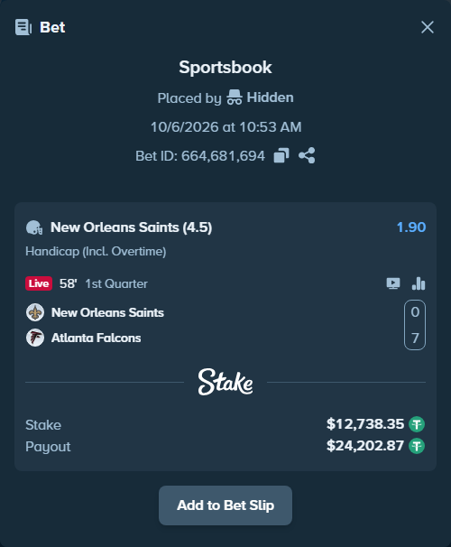 Bet slip: New Orleans Saints - Atlanta Falcons, $12,738.35 stake at 1.90 odds, placed by Hidden