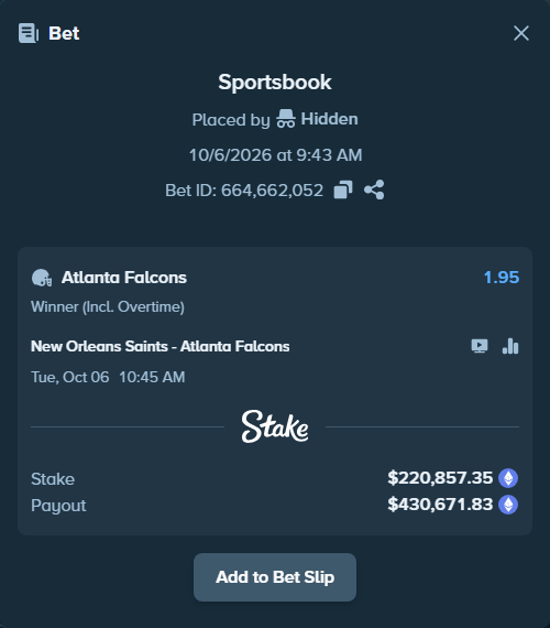 Bet slip: New Orleans Saints - Atlanta Falcons, $212,758.01 stake at 1.95 odds, placed by XposedTwirch