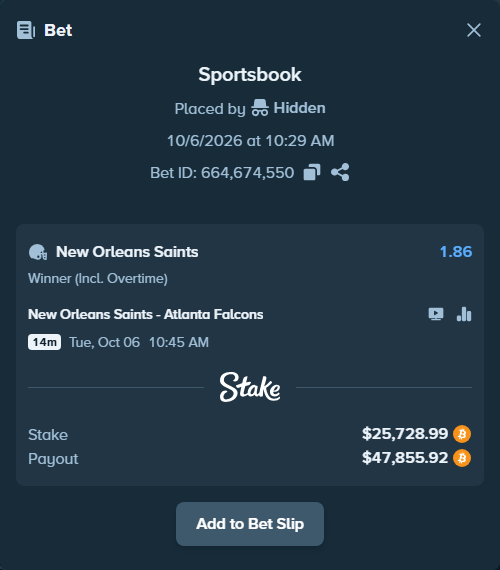 Bet slip: New Orleans Saints - Atlanta Falcons, $25,814.70 stake at 1.86 odds, placed by Hidden
