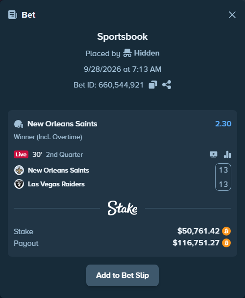 Bet slip: New Orleans Saints - Las Vegas Raiders, $49,980.00 stake at 2.30 odds, placed by Atte90