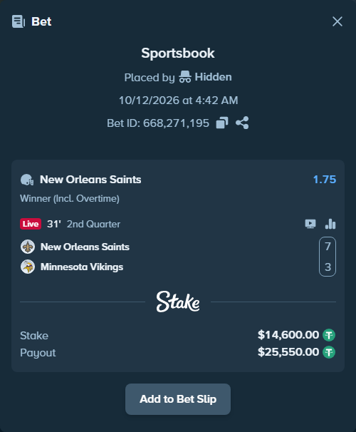 Bet slip: New Orleans Saints - Minnesota Vikings, $14,614.60 stake at 1.75 odds, placed by Olecashoutlind