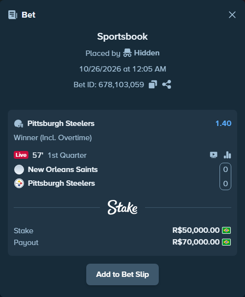 Bet slip: New Orleans Saints - Pittsburgh Steelers, $10,000.00 stake at 1.40 odds, placed by Hidden