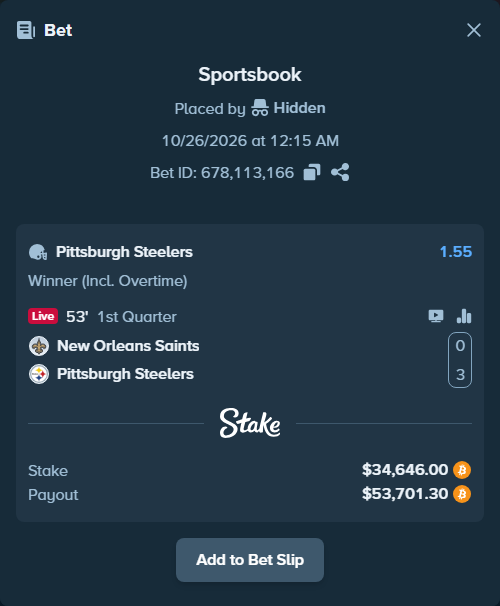 Bet slip: New Orleans Saints - Pittsburgh Steelers, $34,491.13 stake at 1.55 odds, placed by Hidden