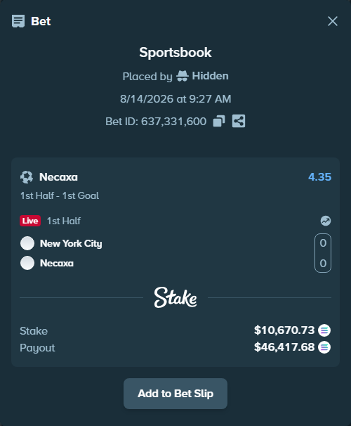 Bet slip: New York City - Club Necaxa, $10,626.00 stake at 4.35 odds, placed by Hidden