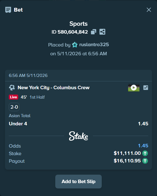 Bet slip: New York City - Columbus Crew, $11,111.00 stake at 1.45 odds, placed by ruslantro325